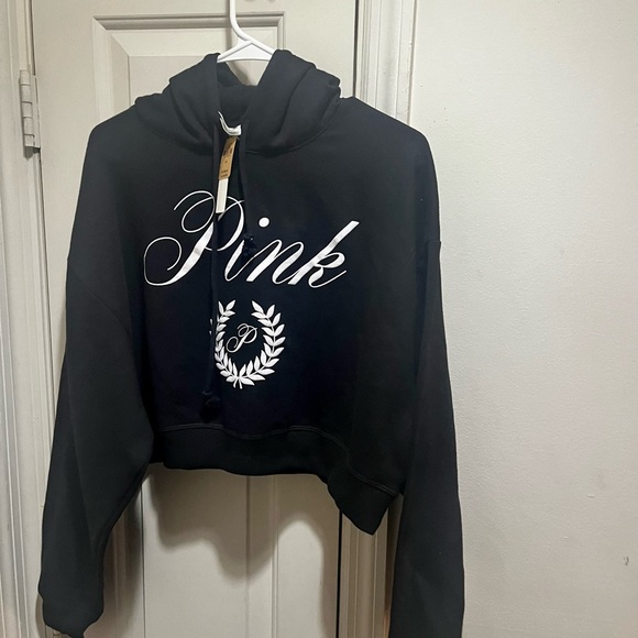 NWT PINK Victoria's Secret Black and White Crop Top Sweatshirt with Hoodie - Picture 4 of 13